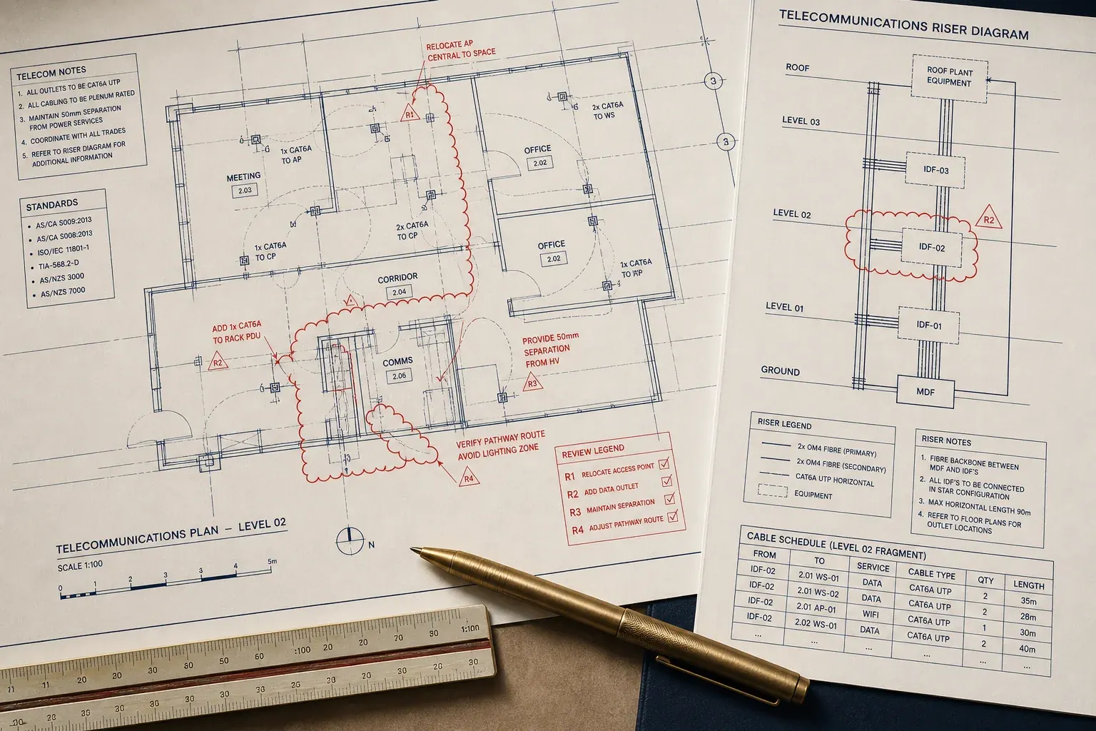 Illustrative telecommunications drawing set with coordinated redline review comments