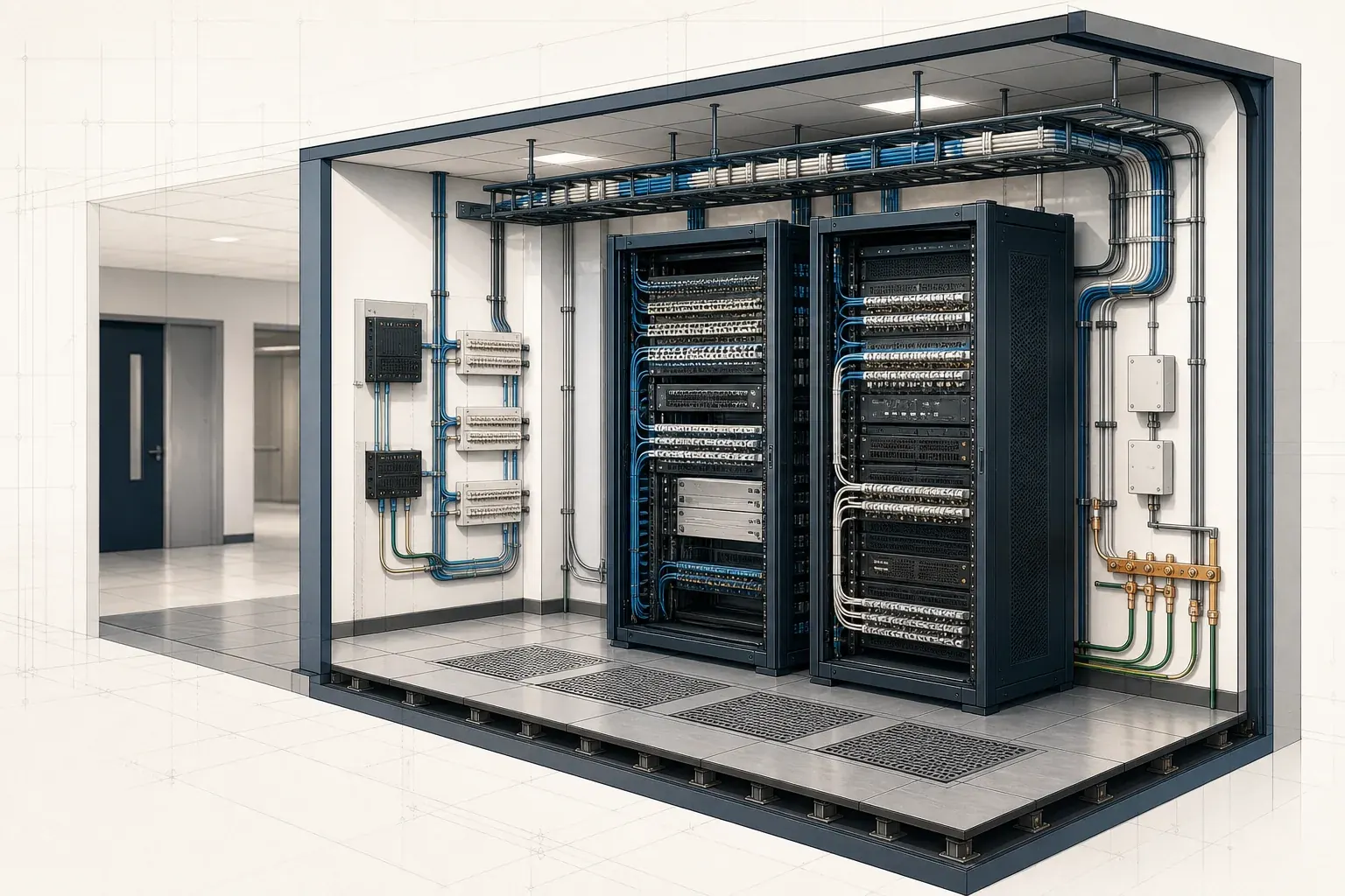 Illustrative cutaway of an organized telecommunications room with equipment racks, ladder tray, cable routing, and grounding